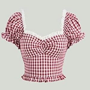 Red Gingham Print Crop Top Smocked Puff Sleeves Keyhole Trim Stretch Small New